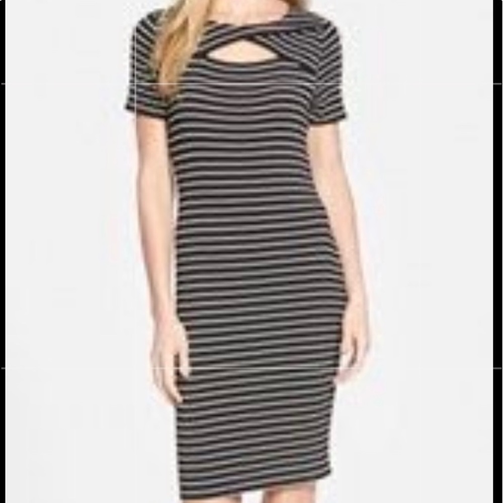 Vince Camuto striped dress with front keyhole neck